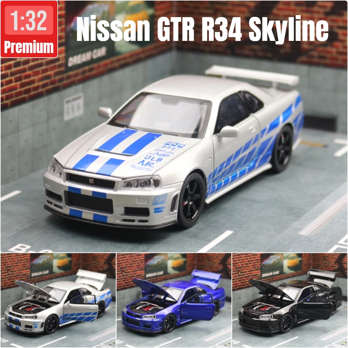 Nissan Skyline GTR R34 a escala 1:32, modelo a fricción con luz y sonido